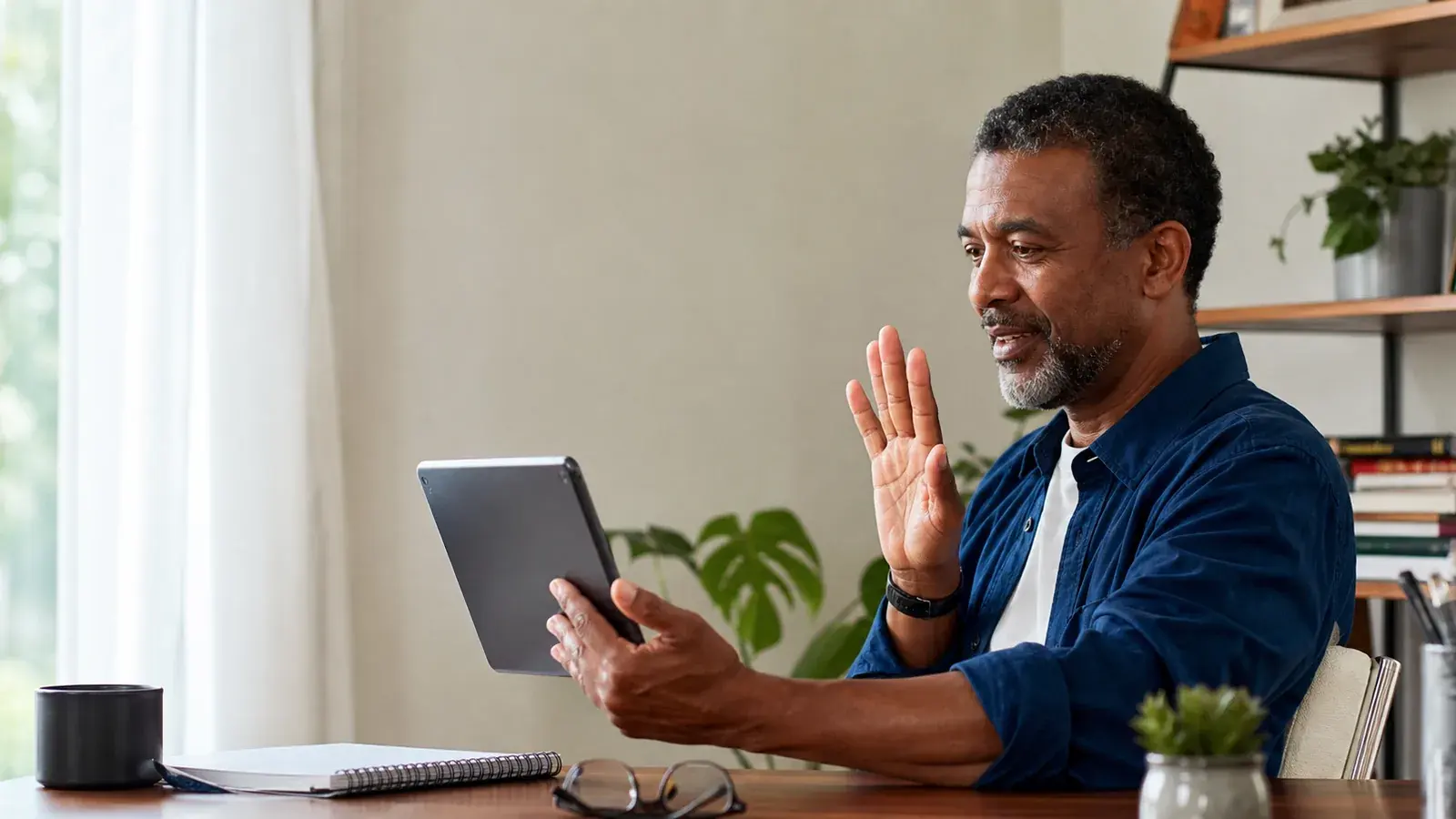 Adult using a tablet for an everyday video call at home